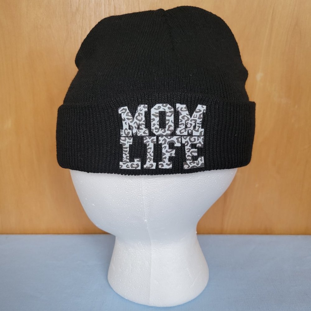 NEW Black Knit Beanie Mom Life Maternal Mommy Leopard Fuzzy Hat Skater Outdoor - Picture 4 of 5